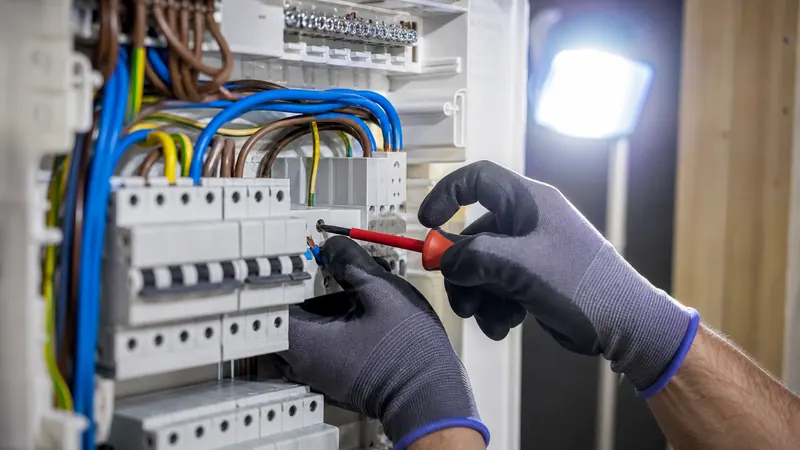 Electrician beside a consumer unit checking her phone