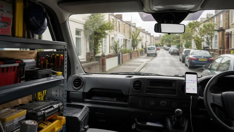 UK tradesman beside his van checking a booking on his phone