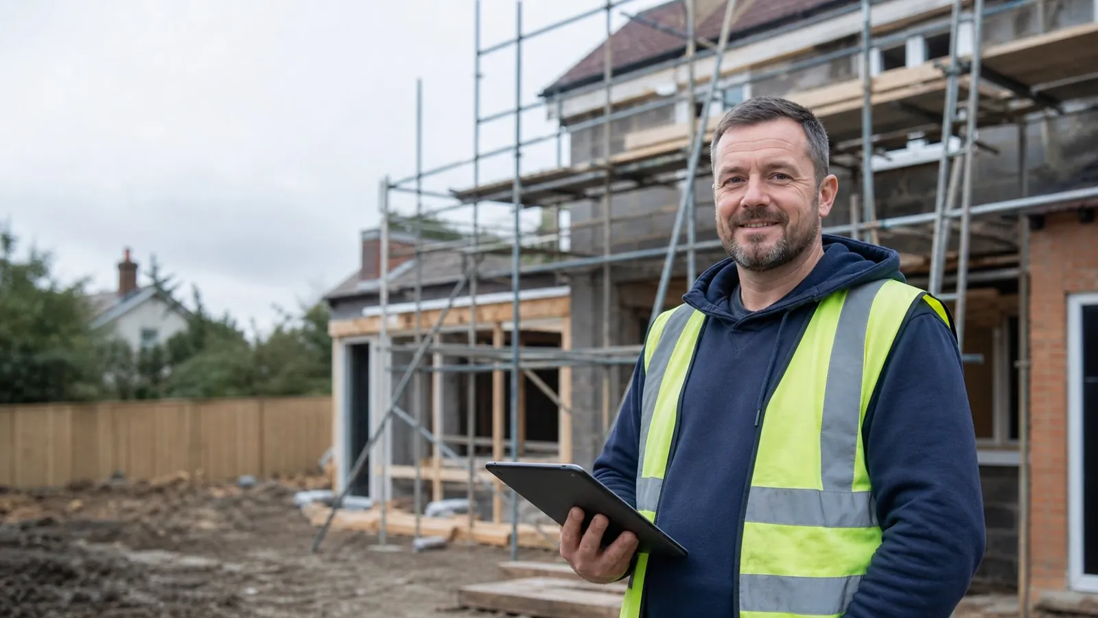 Builder in front of a house extension holding a tablet