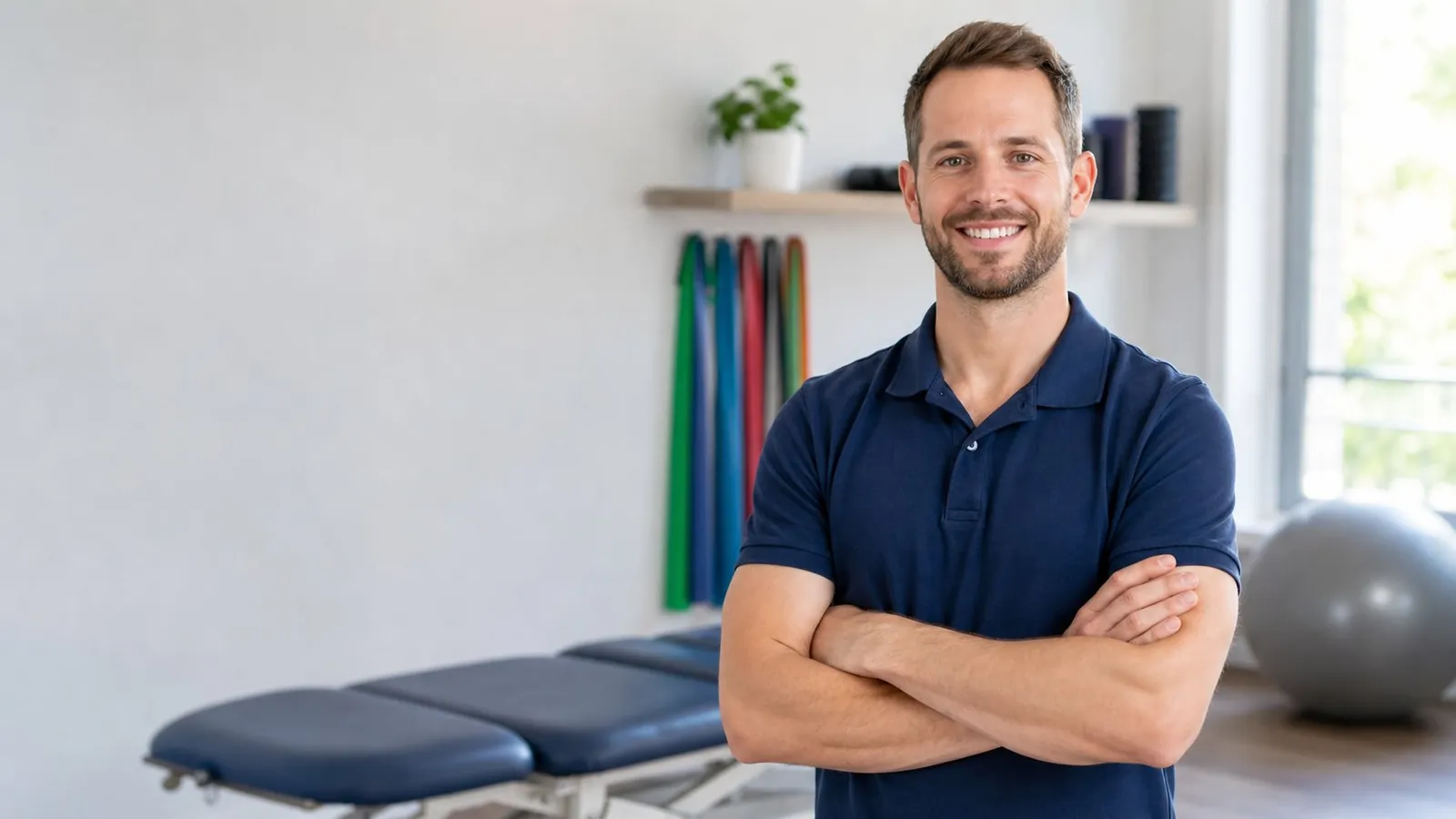 Physiotherapist in a bright clinic treatment room
