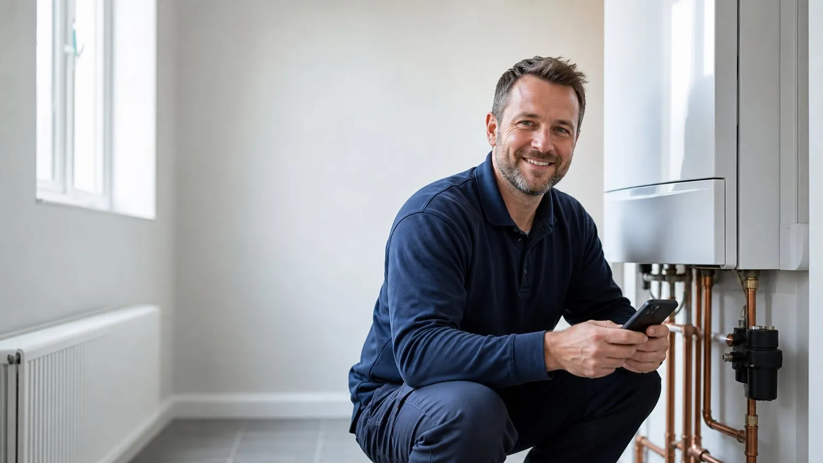 Plumber beside a combi boiler checking a booking on his phone